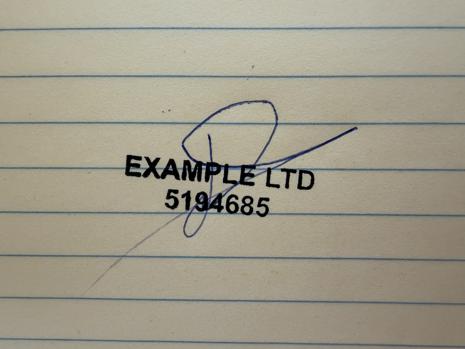 Uploaded photo: signature over the EXAMPLE LTD company stamp